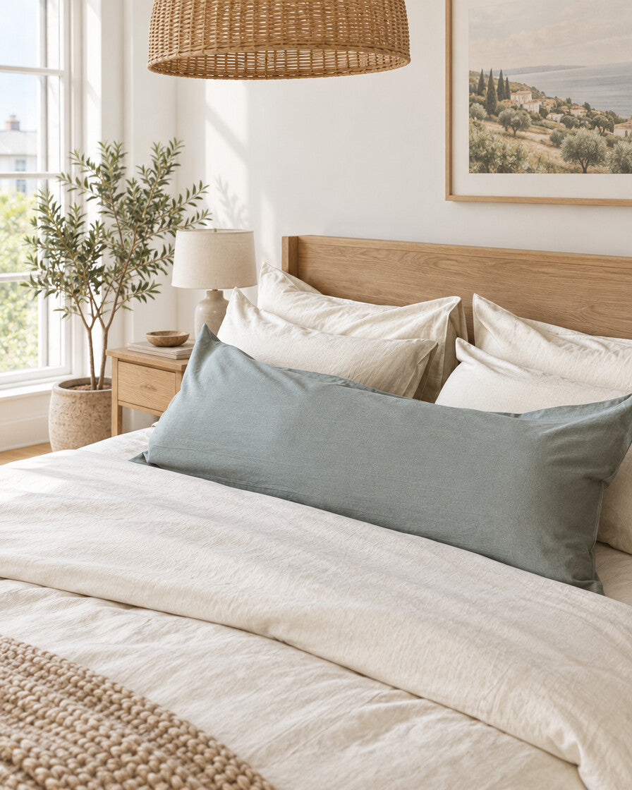 Blue-grey plain cotton bolster pillow, styled in a bright modern townhouse bedroom