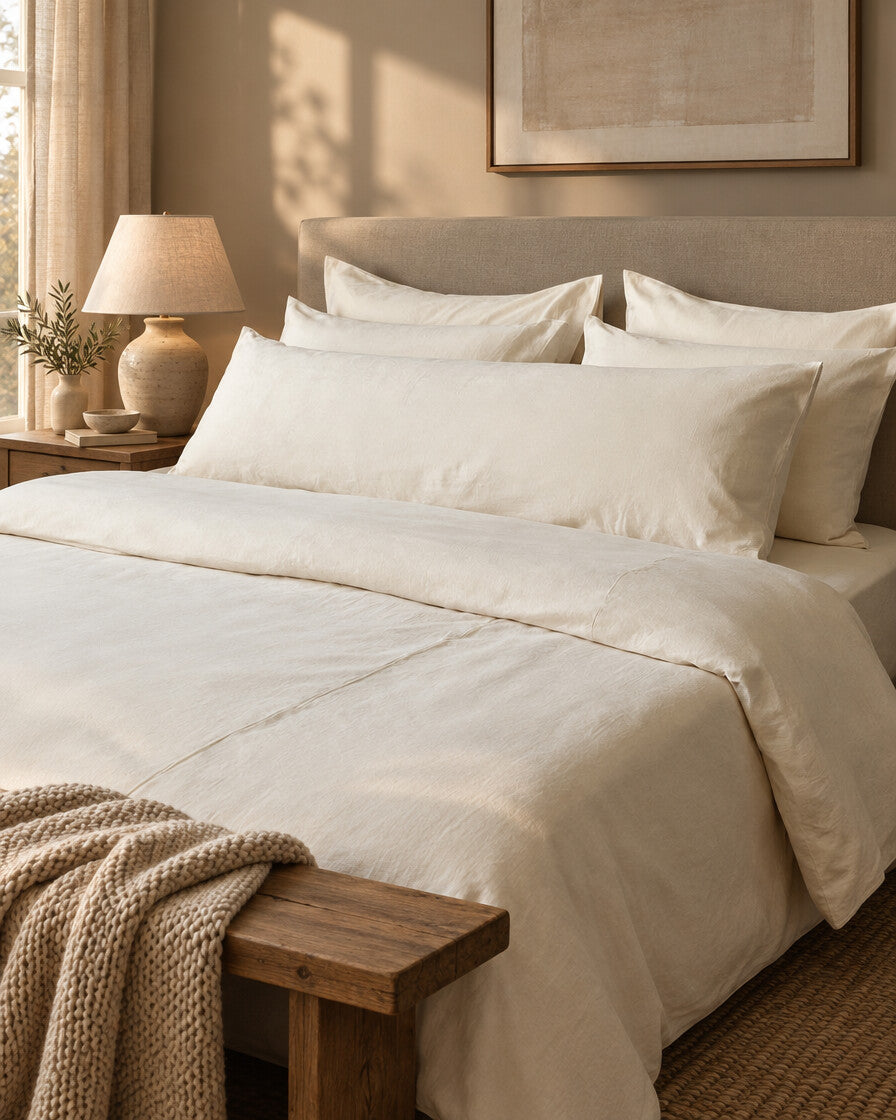 Ivory plain cotton pillows and duvet, styled in a cosy contemporary bedroom