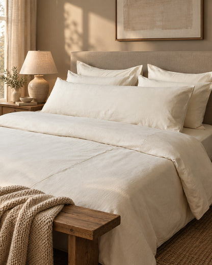 Ivory plain cotton pillows and duvet, styled in a cosy contemporary bedroom