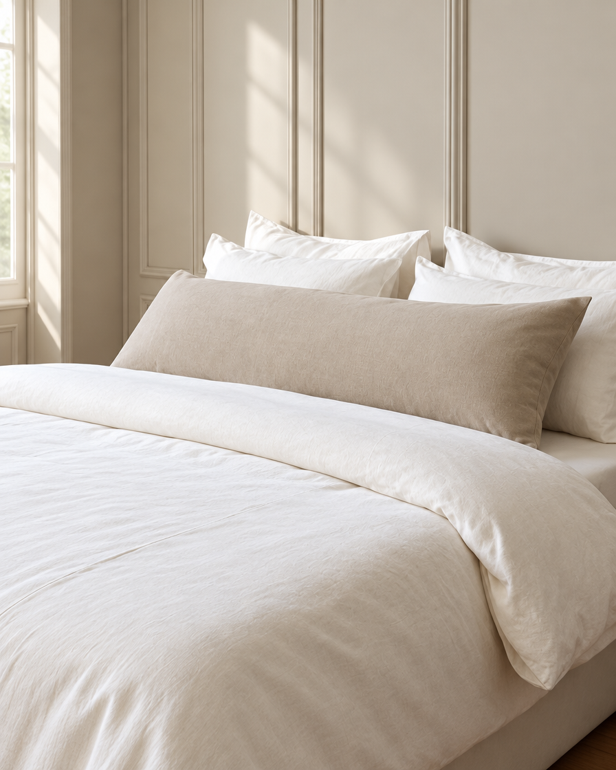 Beige plain cotton body pillowcase on a long bolster pillow across a white bed in a panelled bedroom