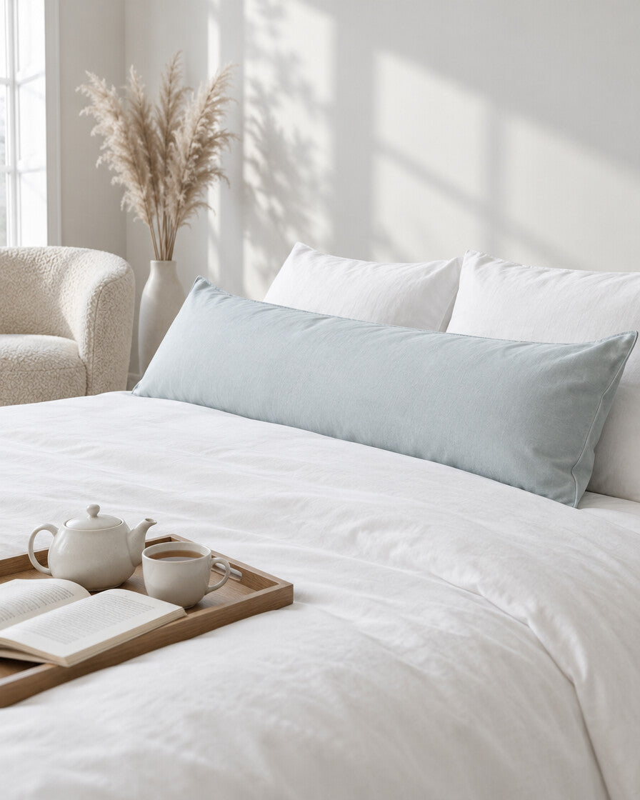 Pale blue and white plain cotton body pillowcase with a tea tray and open book, a boucle armchair in the corner