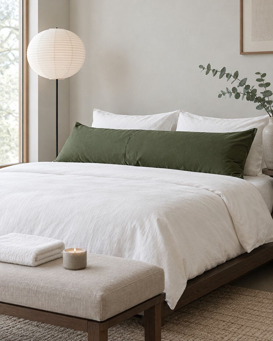 Olive green plain cotton body pillowcase in a calm Japandi bedroom on a low dark-oak bed