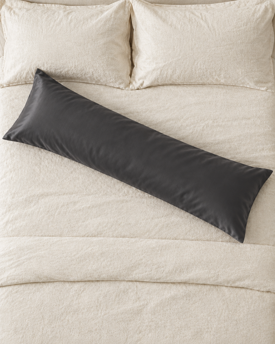 Overhead view of a Charcoal Grey body pillow in a grey silky cotton sateen pillowcase lying across a cream bed.