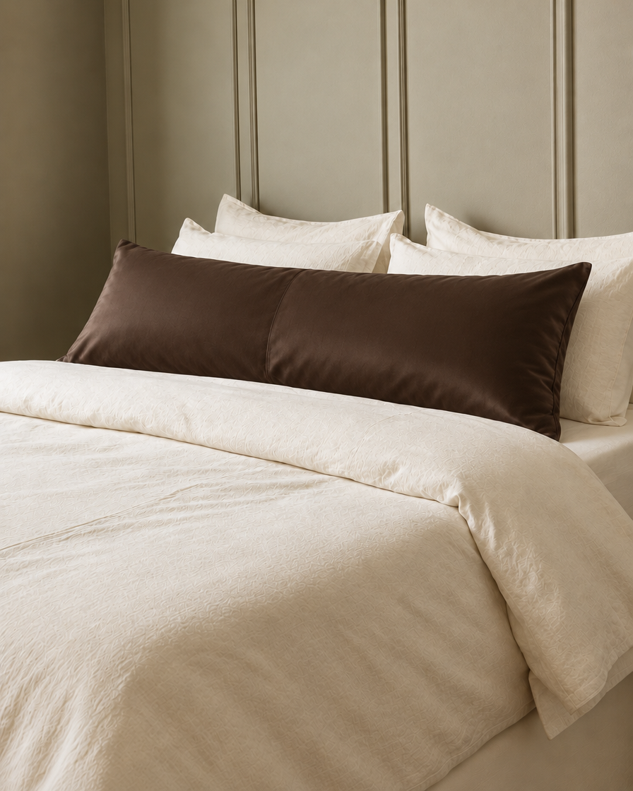 Chocolate silky cotton body pillowcase, a chocolate brown cotton sateen body pillow cover, in front of cream pillows on a made bed.