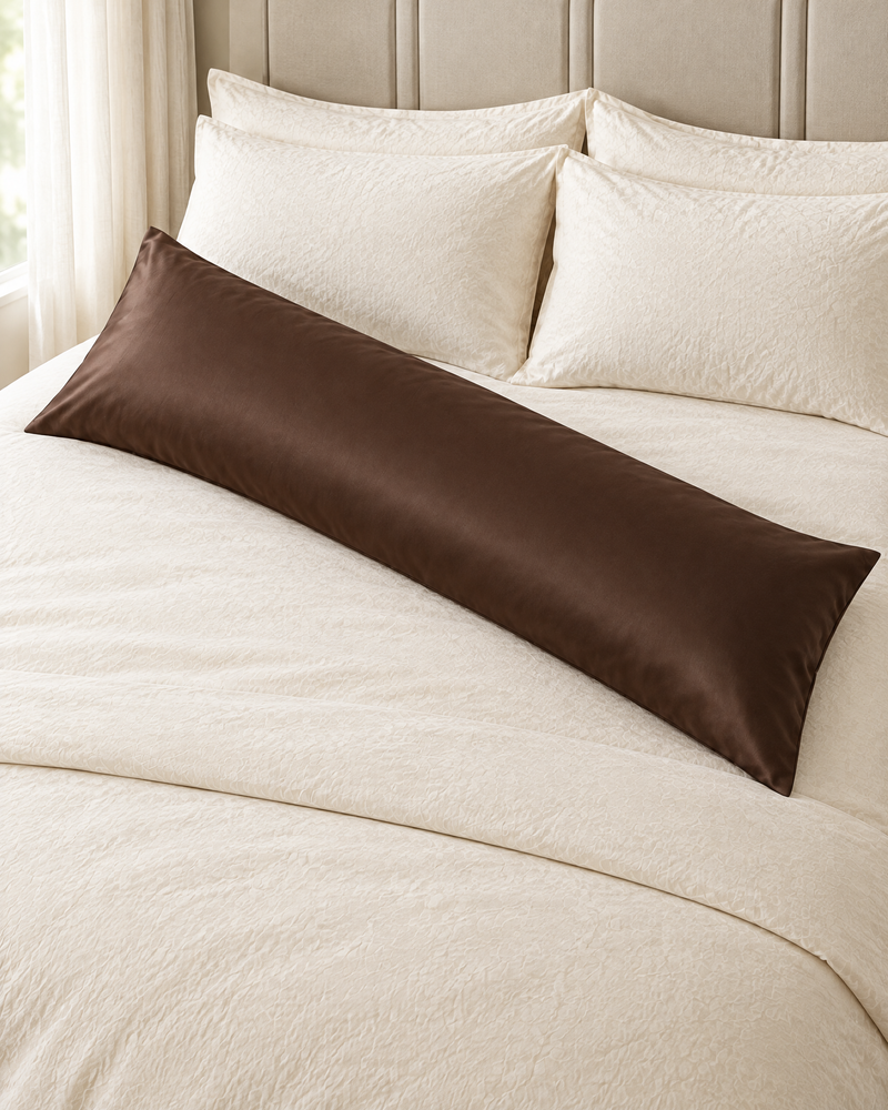 Chocolate silky cotton sateen body pillowcase close-up on a made bed