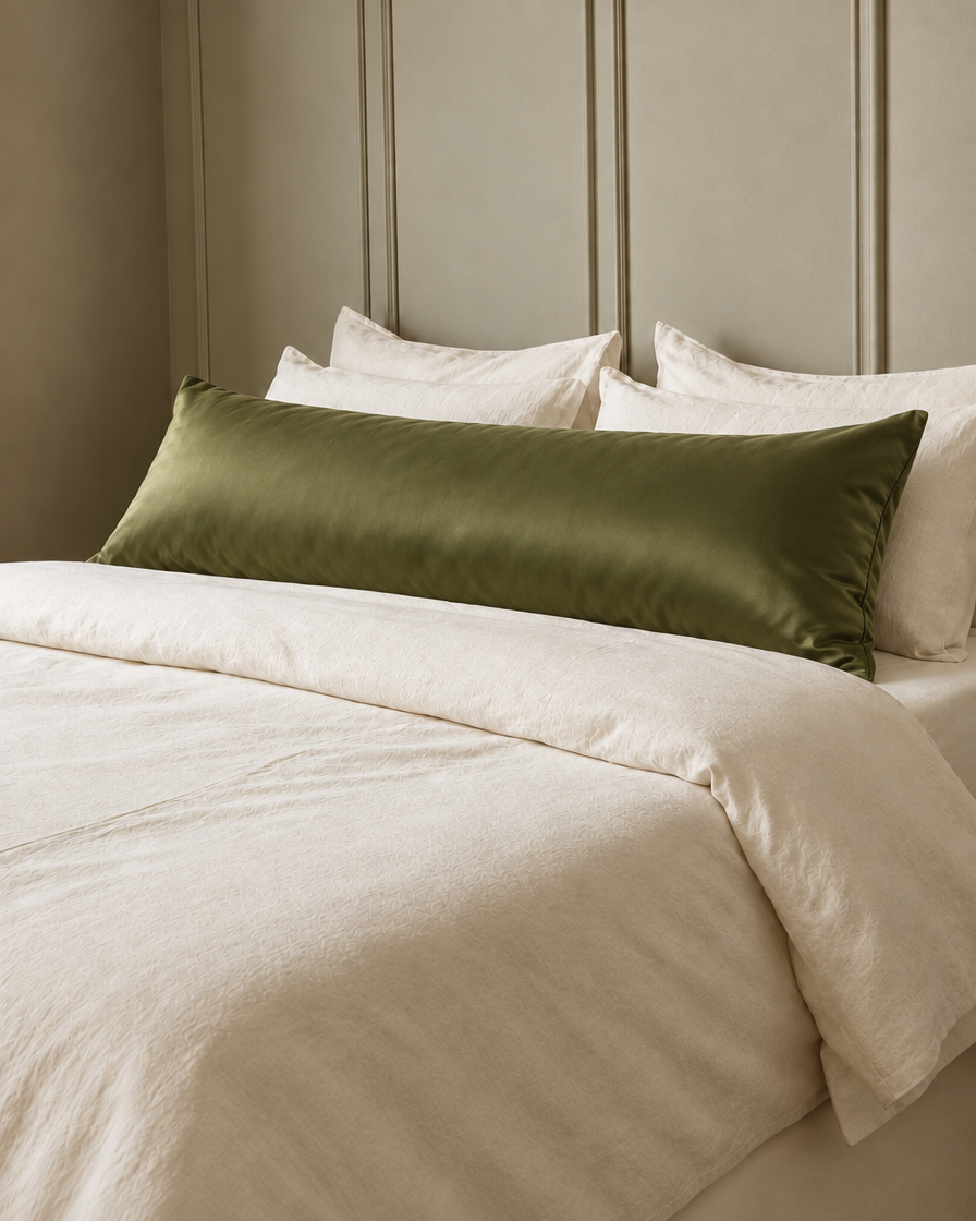 Juniper Green silky cotton body pillowcase, an olive green cotton sateen body pillow cover, in front of cream pillows on a made bed.