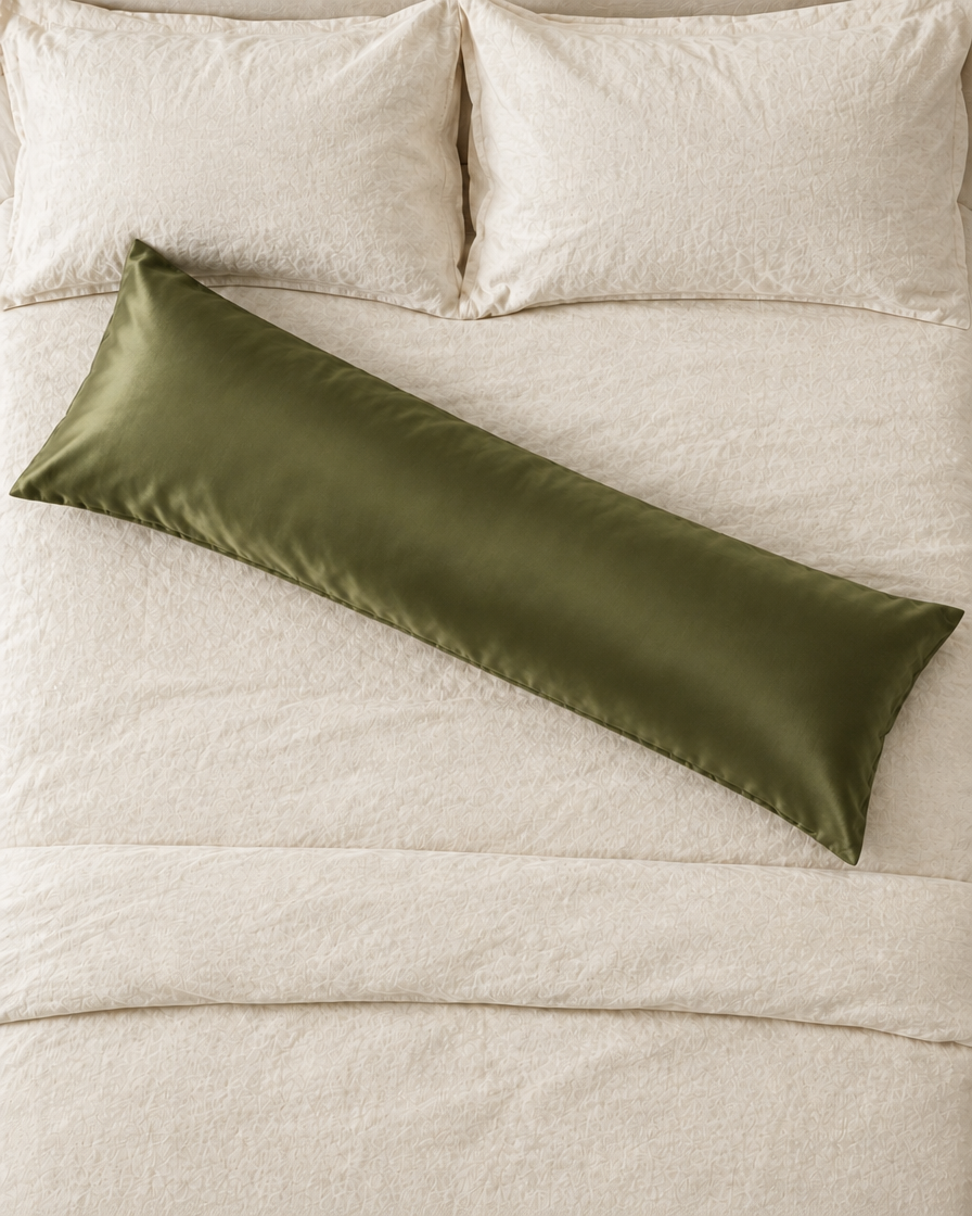 Overhead view of a Juniper Green body pillow in an olive green silky cotton sateen pillowcase lying across a cream bed.