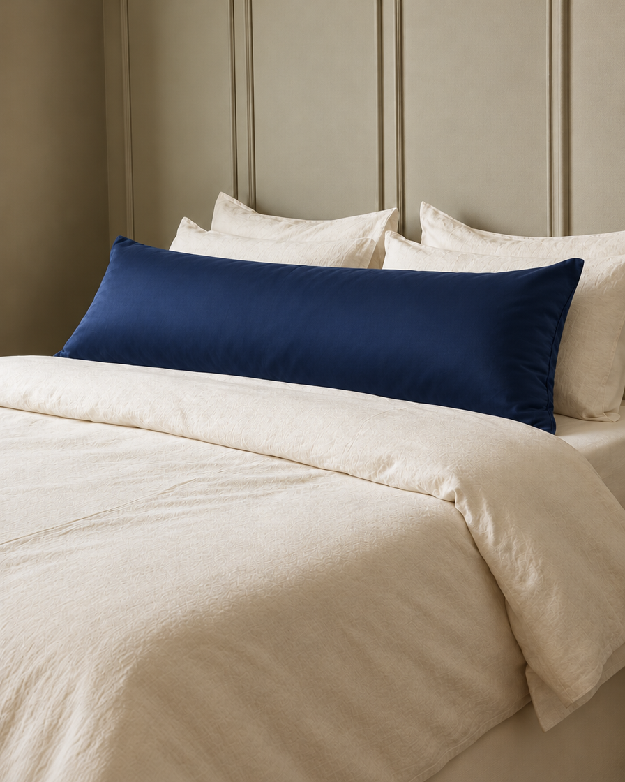 Marine Blue silky cotton body pillowcase, a navy blue cotton sateen body pillow cover, in front of cream pillows on a made bed.