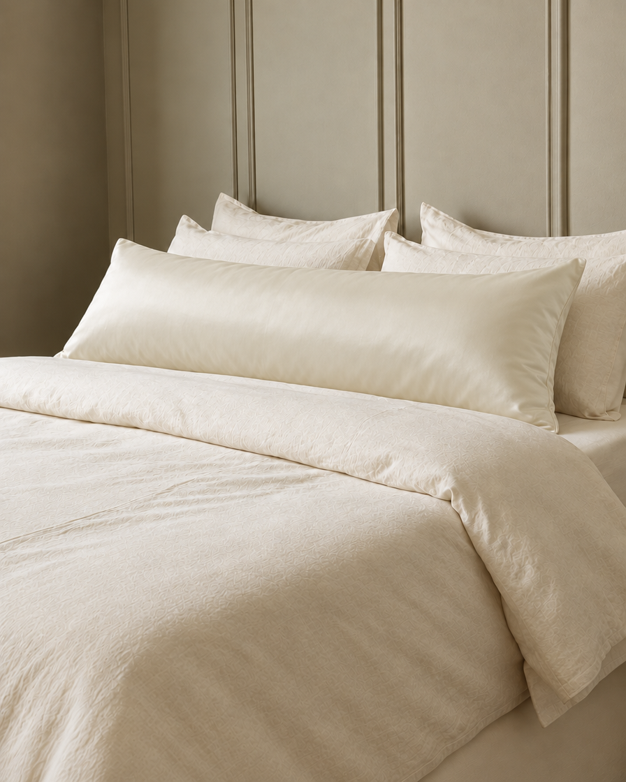 Vanilla silky cotton body pillowcase, a cream cotton sateen body pillow cover, in front of cream pillows on a made bed.
