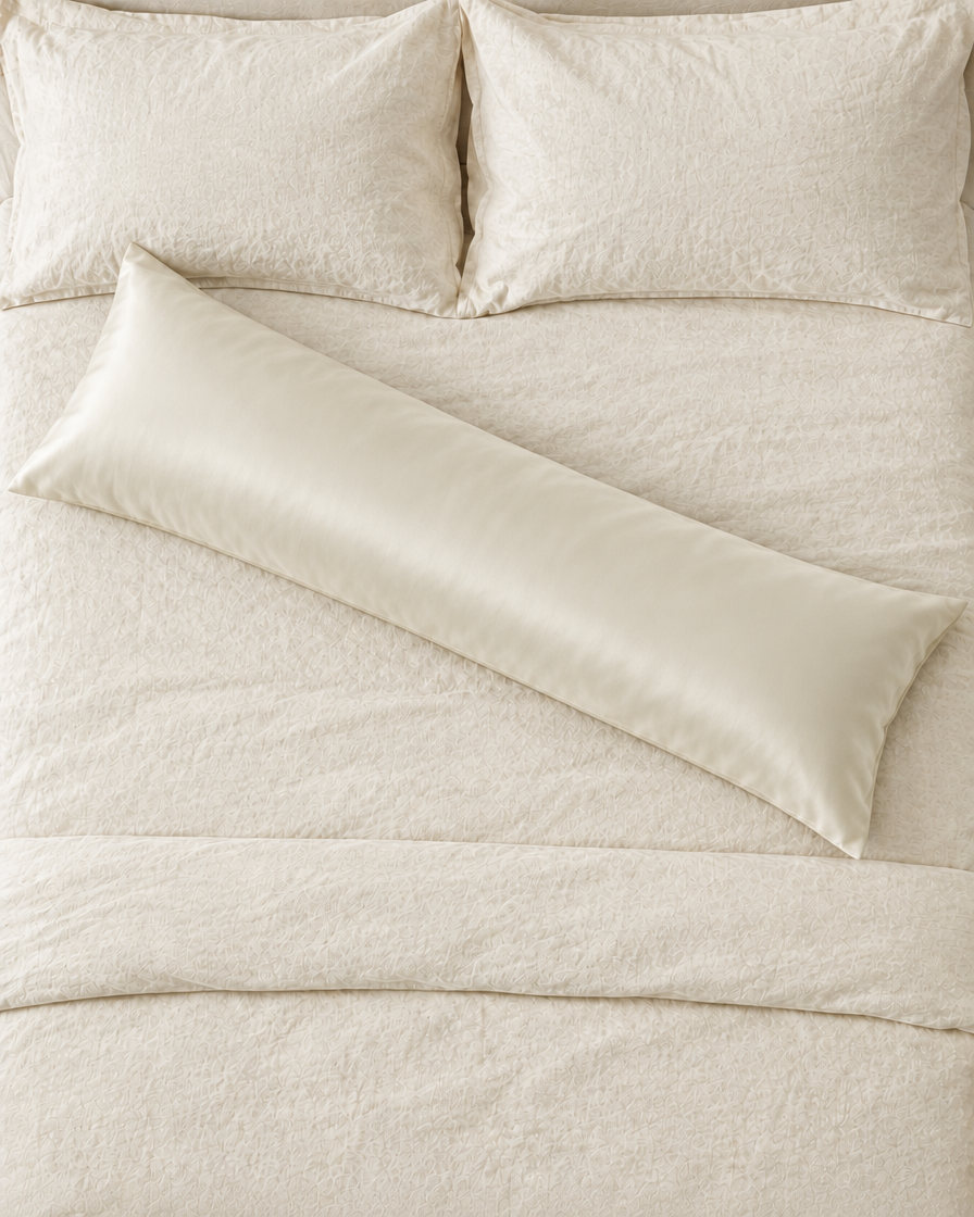 Overhead view of a Vanilla body pillow in a cream silky cotton sateen pillowcase lying across a cream bed.