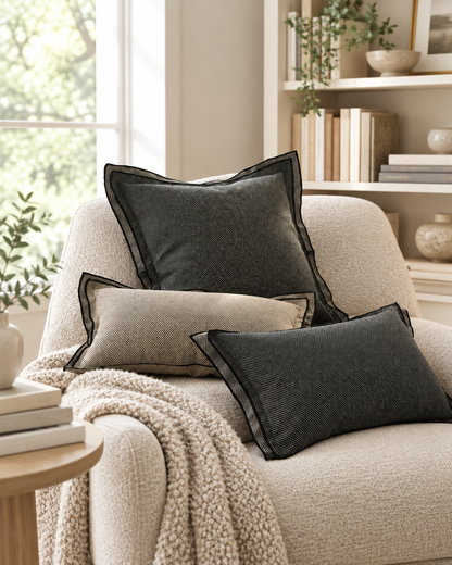 Charcoal and stone border jacquard cushions in a sunny reading nook beside bookshelves