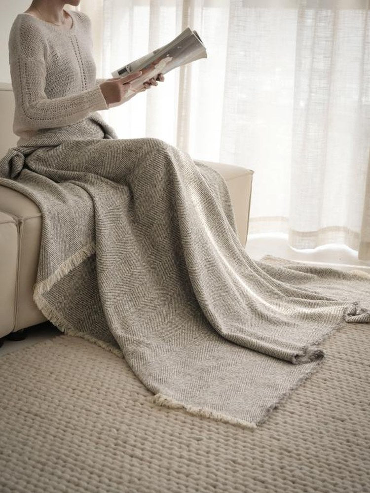 Fringed Herringbone Twill Throw Blanket in Light Grey