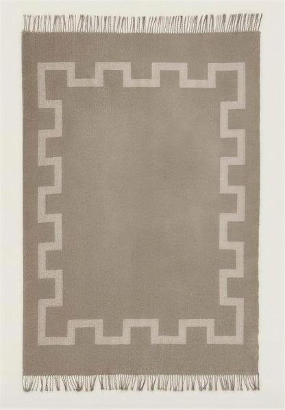 Fringed Key Border Lambswool Throw Blanket in Camel