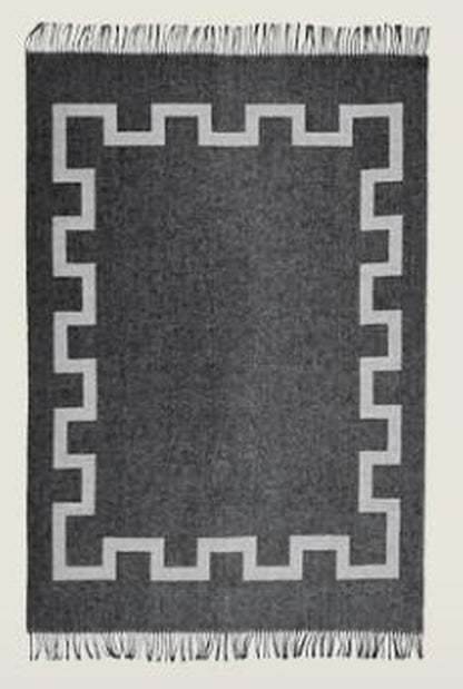 Fringed Key Border Lambswool Throw Blanket in Ink Black