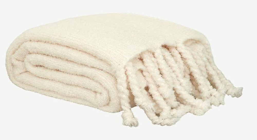Chunky Knit Fringed Throw Blanket in Milk White