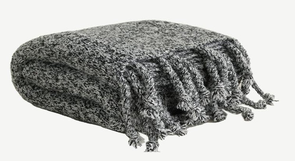 Chunky Knit Fringed Throw Blanket in Black Truffle