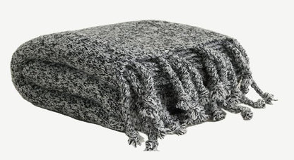 Chunky Knit Fringed Throw Blanket in Black Truffle