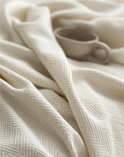Ivory Herringbone Wool Blend Throw Blanket in Ivory