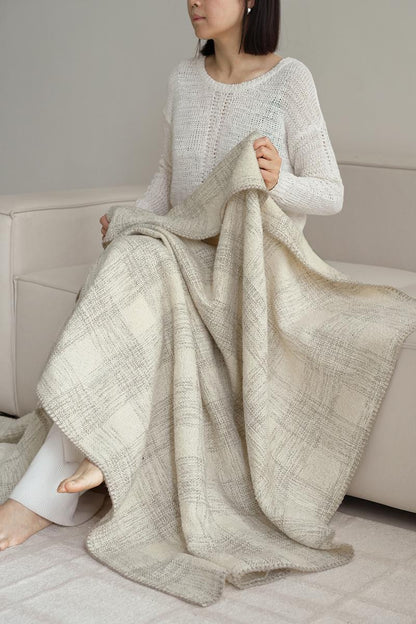 Beige Grey Check throw, styled at home