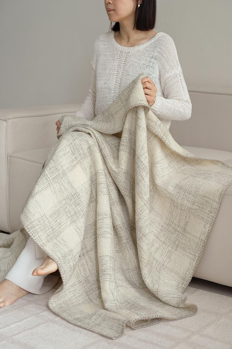 Beige Grey Check throw, styled at home