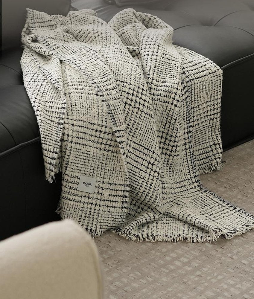 Grey Plaid Wool Blend throw, styled at home