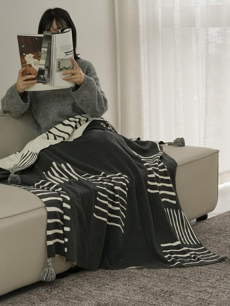Black and White Patchwork Cotton Knit Throw, styled at home