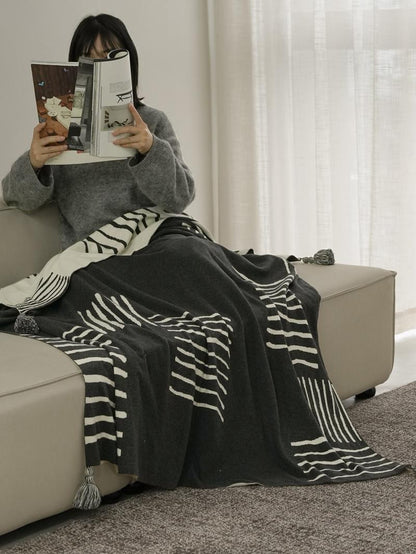 Black and White Patchwork Cotton Knit Throw, styled at home