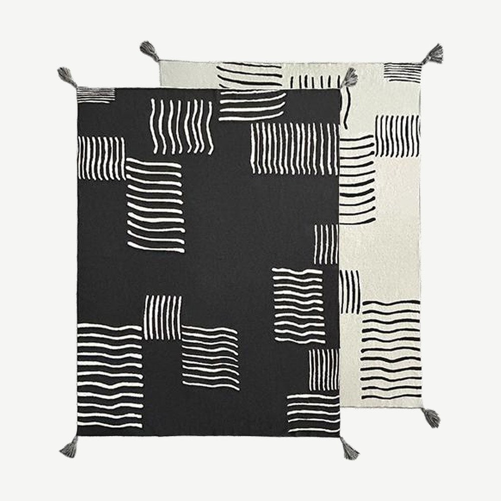 Black and White Patchwork Cotton Knit Throw in Black and White