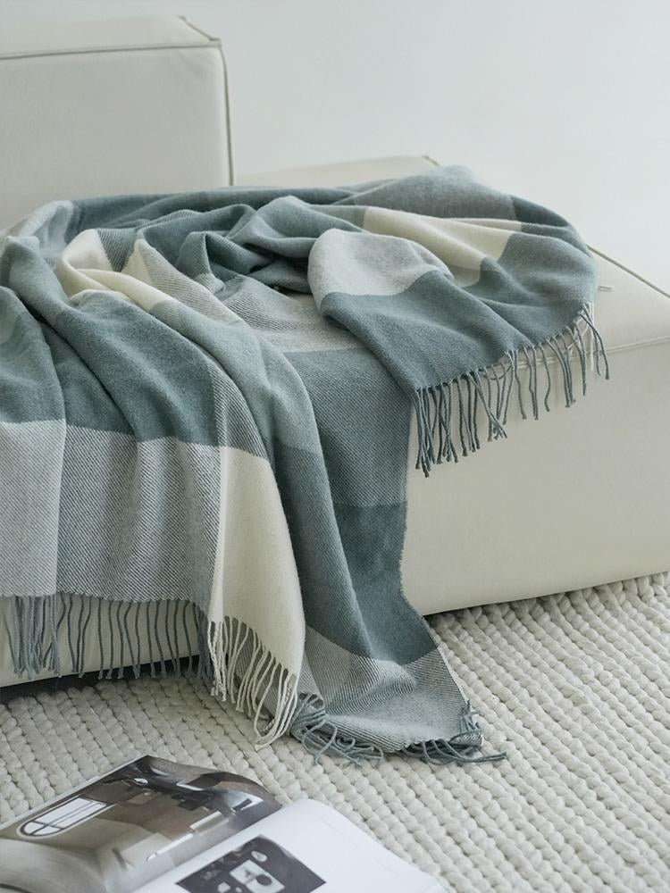 Blue Plaid Pure Wool throw, styled at home