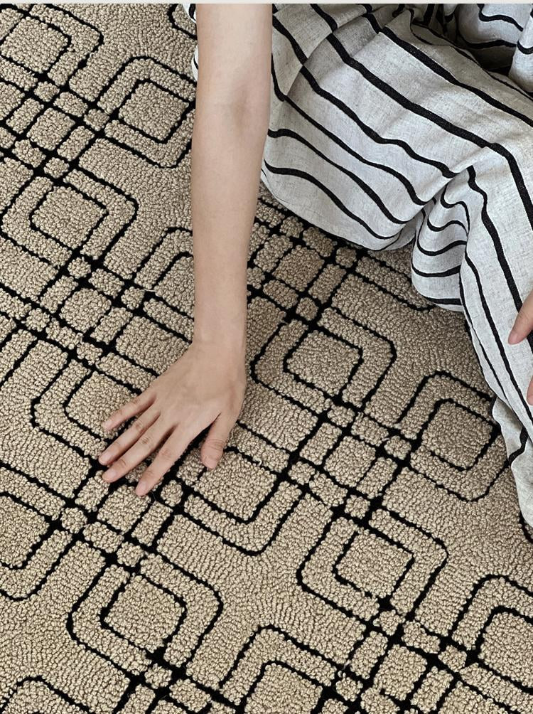 Camel Lattice Woven rug, styled at home