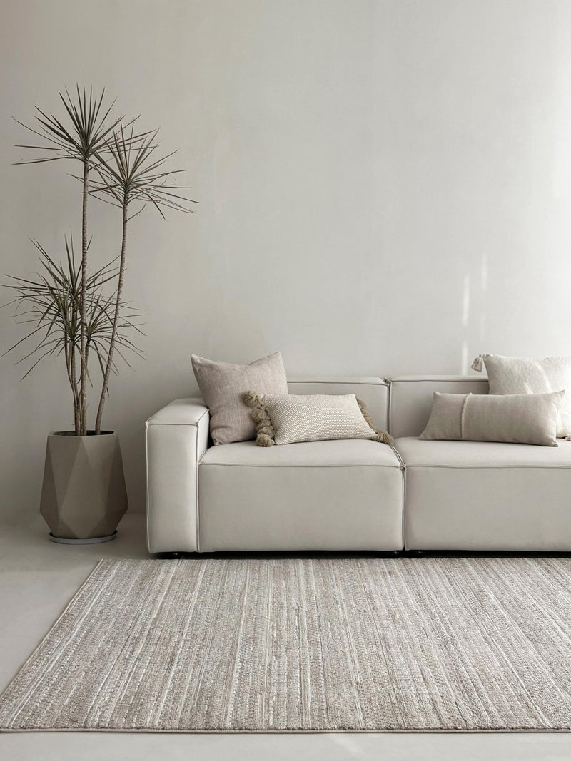 Sand Grey Tufted rug, styled at home