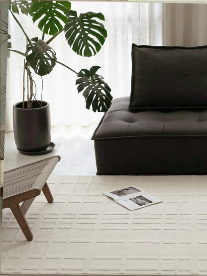 Beige Raised Grid rug, styled at home