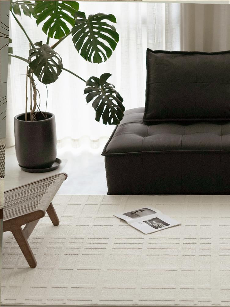 Beige Raised Grid rug, styled at home