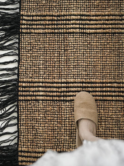 Striped Jute Fringed rug, styled at home