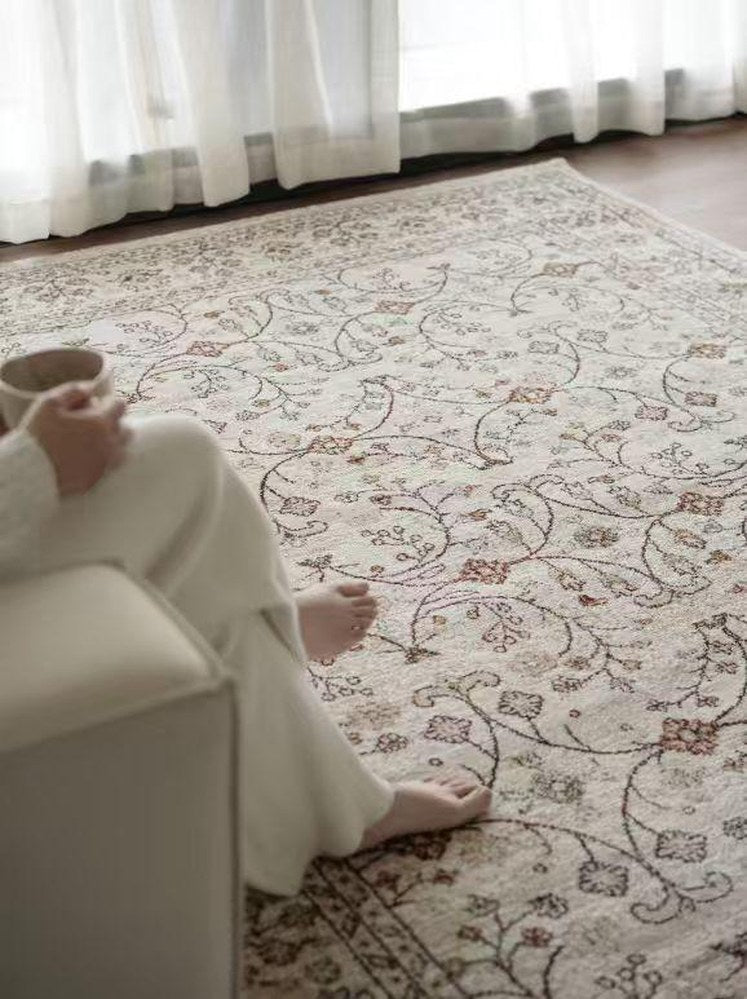 Floral Medallion Woven rug, styled at home