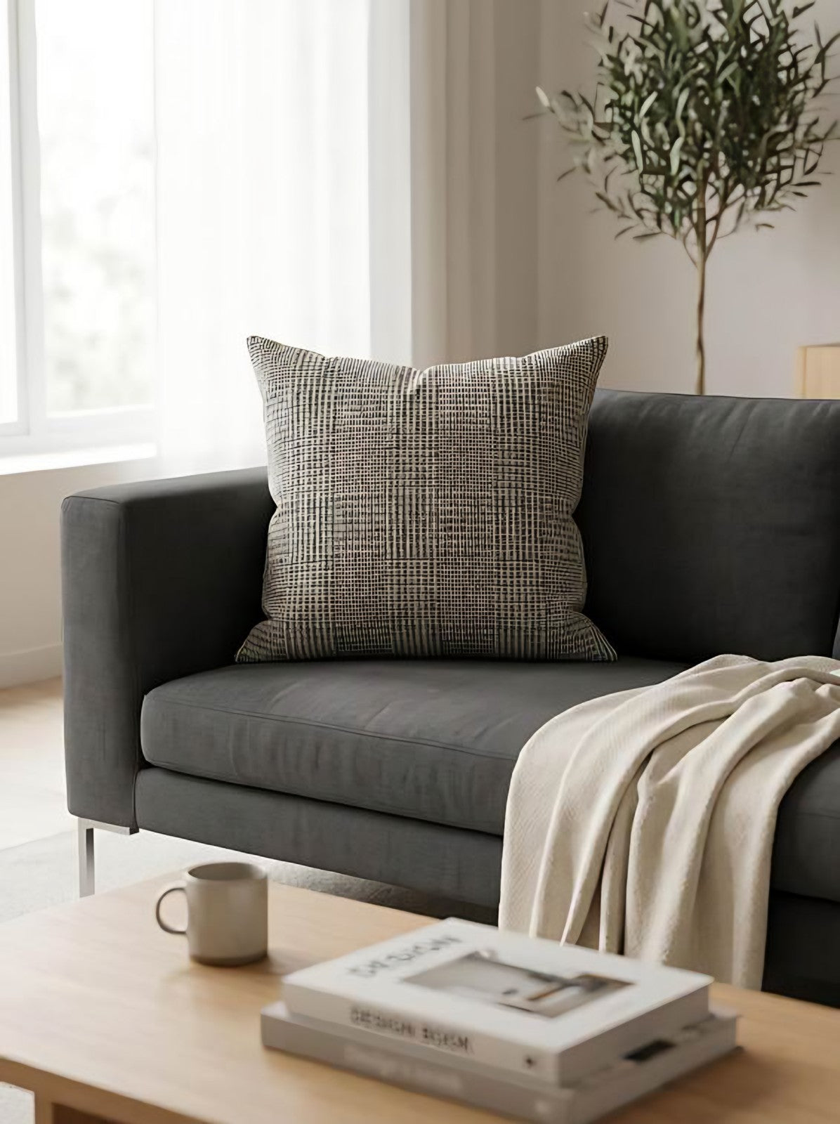 Charcoal Check jacquard cushion covers, styled at home