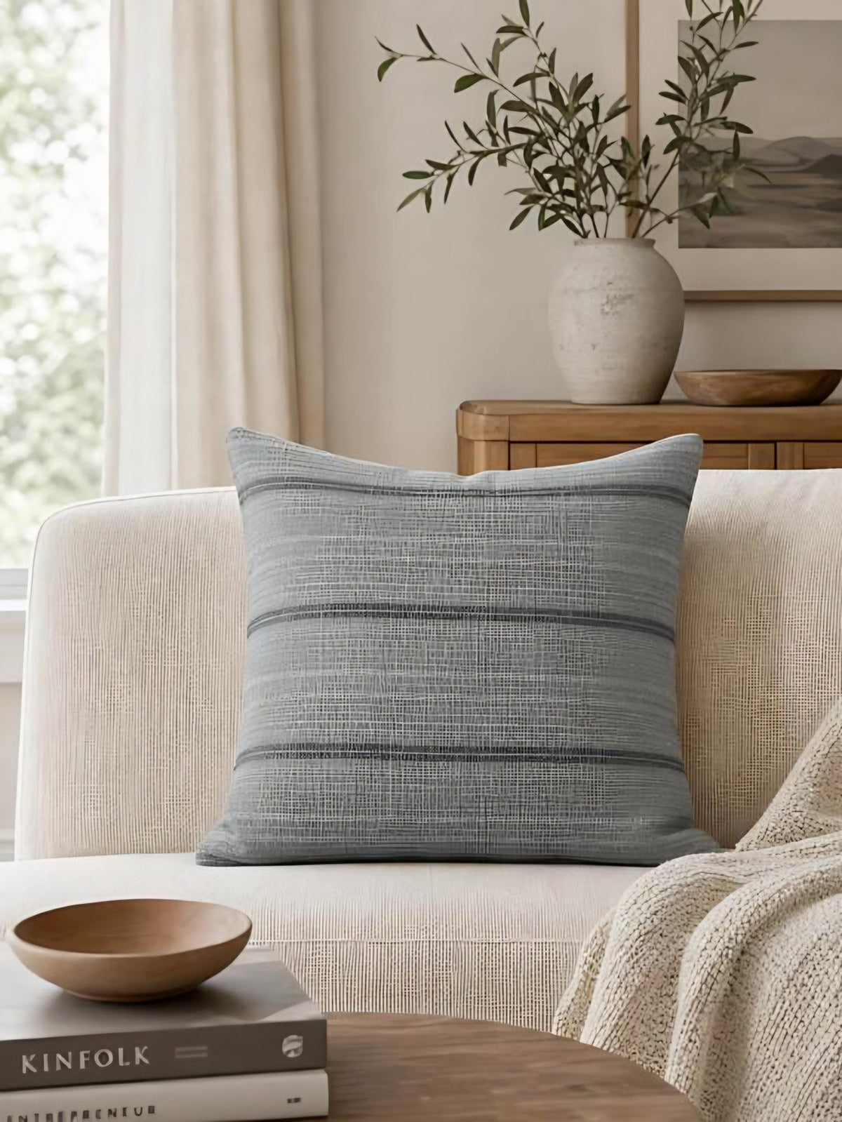 Grey Stripe jacquard cushion covers, styled at home
