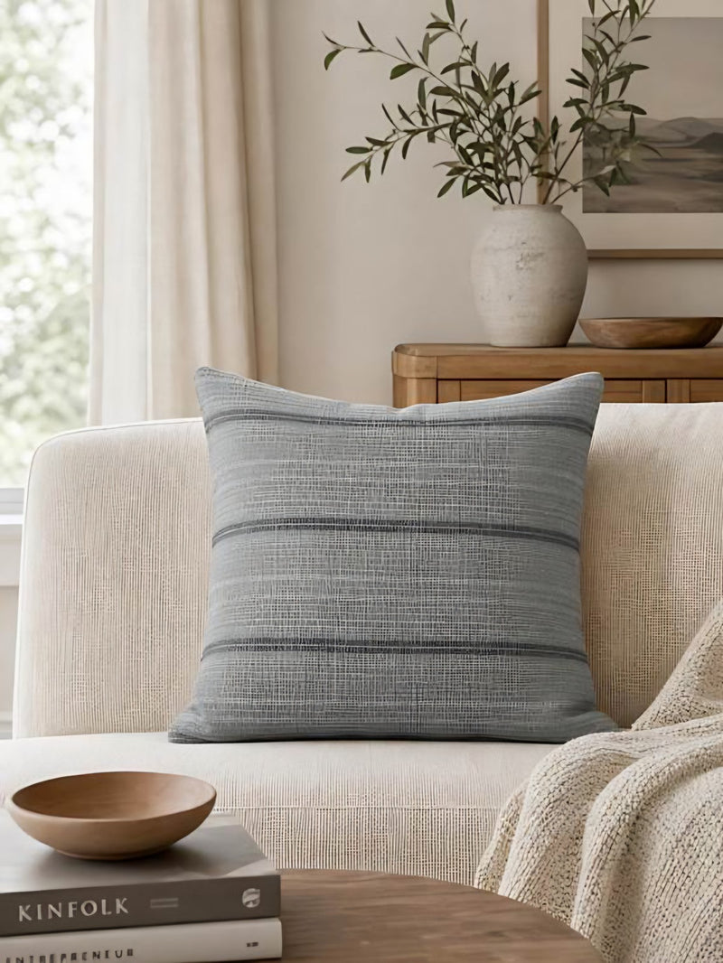 Grey Stripe jacquard cushion covers, styled at home