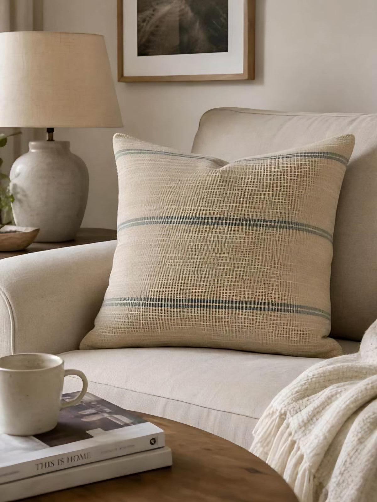 Sand & Sky Stripe jacquard cushion covers, styled at home