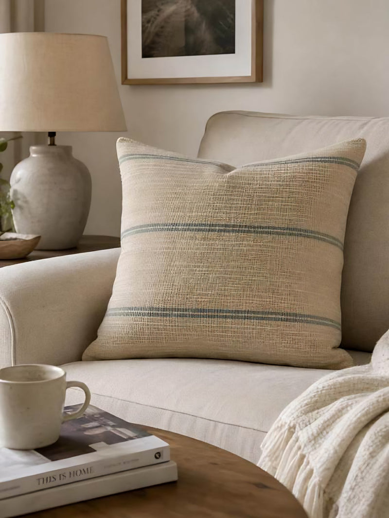 Sand & Sky Stripe jacquard cushion covers, styled at home