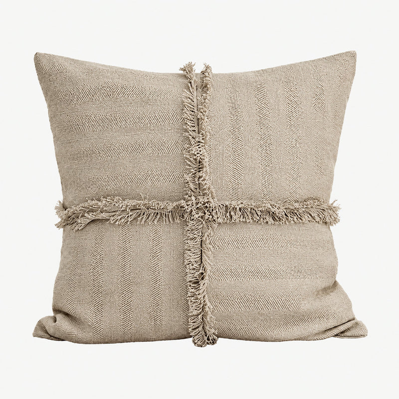 Natural Fringed Jacquard Tassel cushion cover, square, with a fringed cross across a herringbone weave