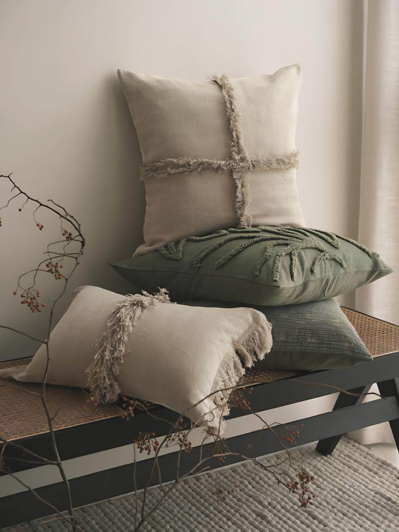 Natural Fringed Jacquard Tassel Linen Cotton Cushion Covers, styled at home