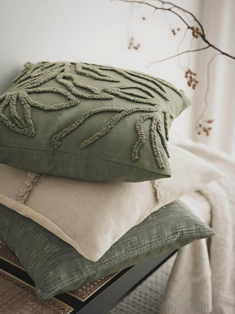 Olive Leaf Embroidery Cotton Cushion Covers, styled at home