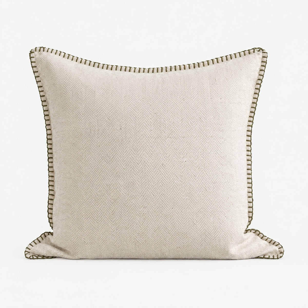 Herringbone Cotton Linen cushion cover in Diamond White, square cream cover with contrast black stitching