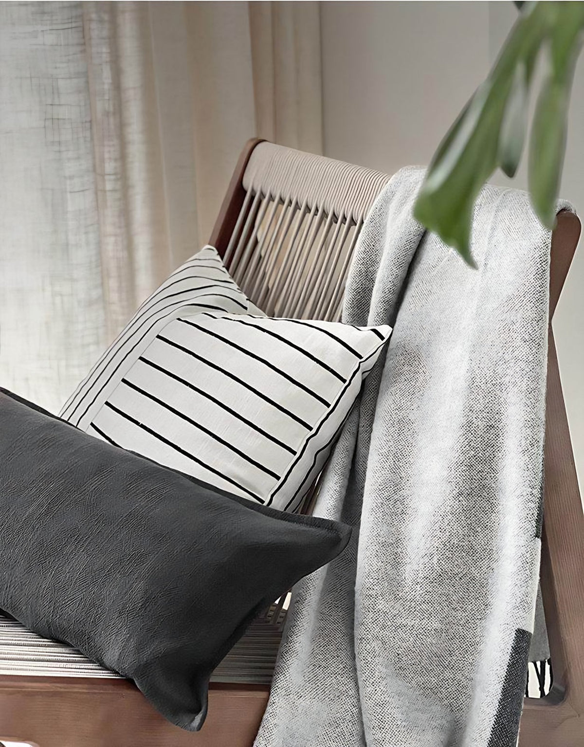 Ivory & Black Jacquard Stripe Linen Cotton Cushion Covers, styled at home