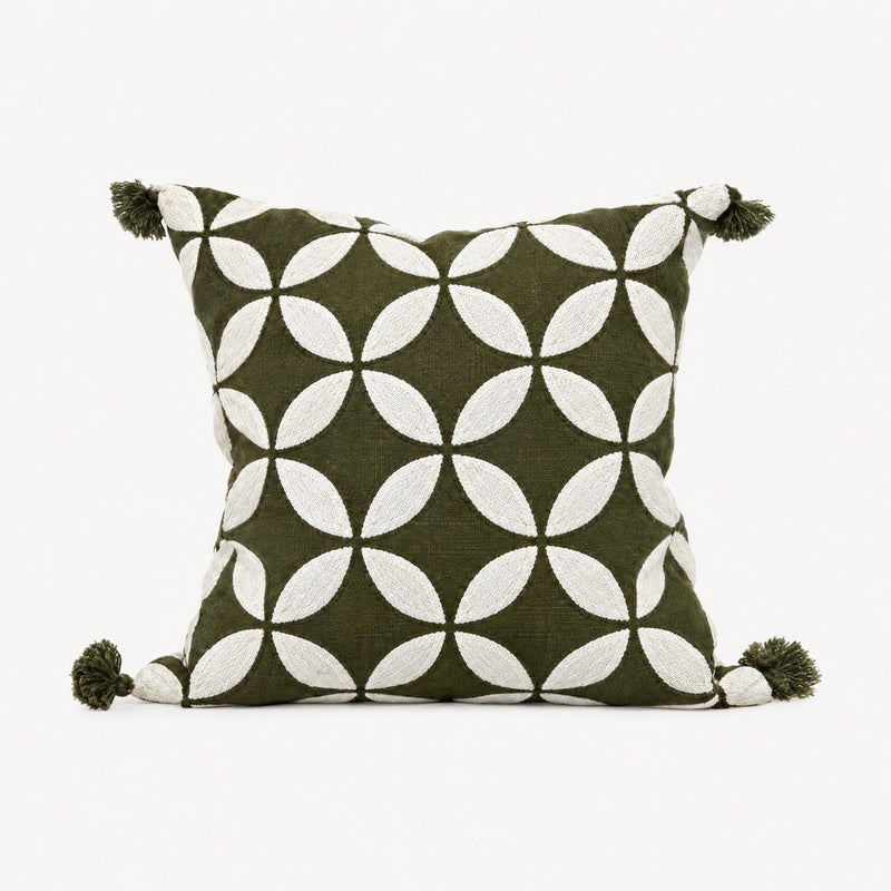 Petal Lattice Embroidery Cotton Cushion Covers in Green
