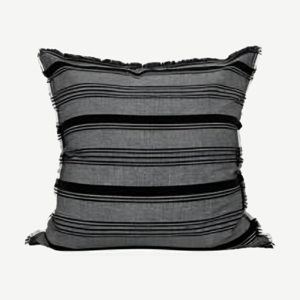 Fringed Stripe Linen Viscose Cushion Covers in Grey & Black