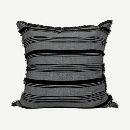 Fringed Stripe Linen Viscose Cushion Covers in Grey & Black