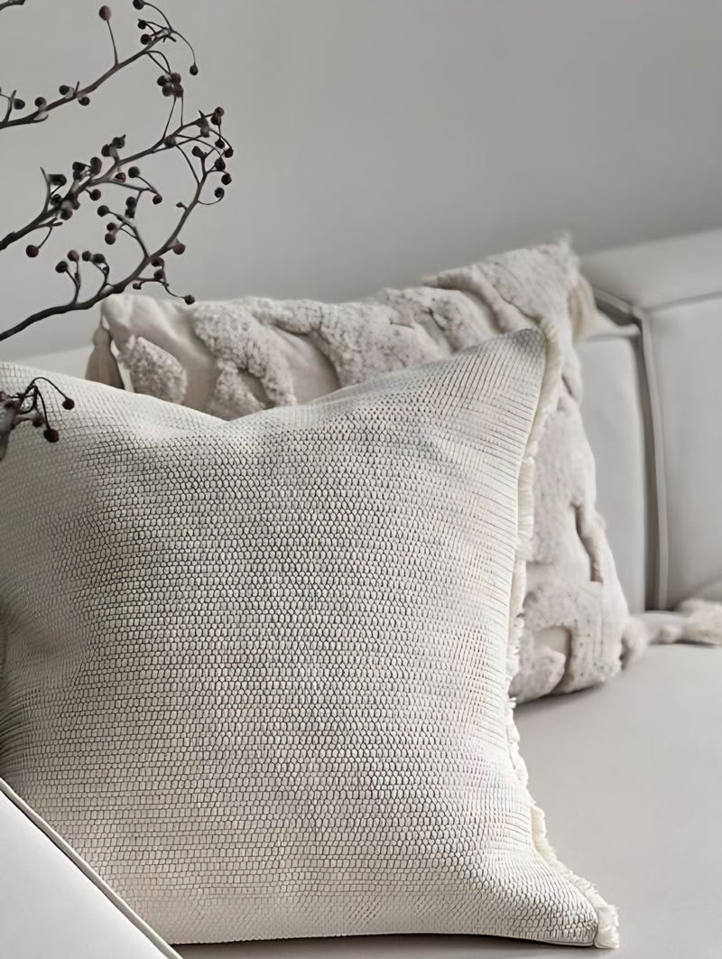 Ivory Jacquard Tassel Cotton Linen Cushion Covers, styled at home