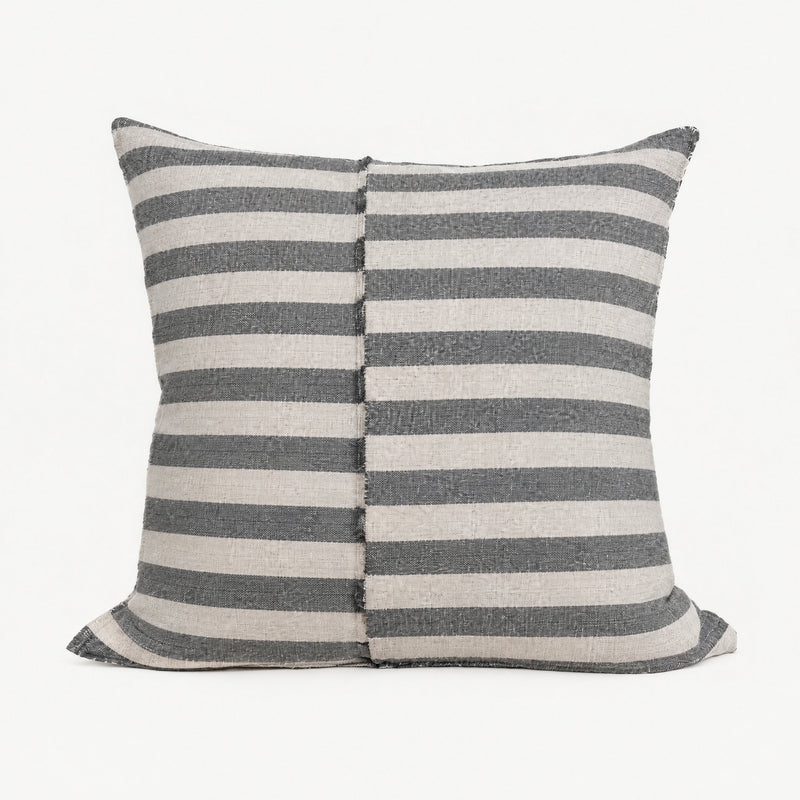 Grey Stripe Jacquard Tassel Linen Viscose Cushion Covers, square cover with wide grey and white stripes